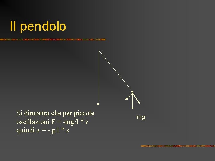Il pendolo • • Si dimostra che per piccole oscillazioni F = -mg/l * Il pendolo • • Si dimostra che per piccole oscillazioni F = -mg/l *