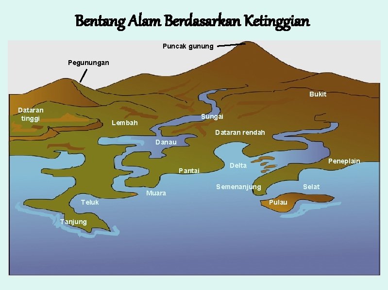 Bentang Alam Berdasarkan Ketinggian Puncak gunung Pegunungan Bukit Dataran tinggi Sungai Lembah Dataran rendah Bentang Alam Berdasarkan Ketinggian Puncak gunung Pegunungan Bukit Dataran tinggi Sungai Lembah Dataran rendah
