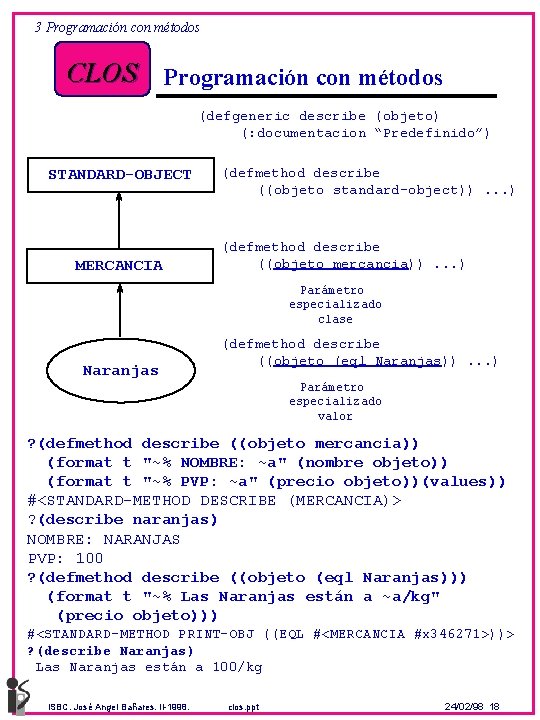 3 Programación con métodos CLOS Programación con métodos (defgeneric describe (objeto) (: documentacion “Predefinido”)