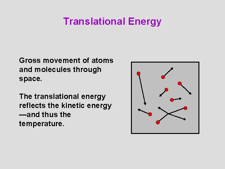 Translational Energy Gross movement of atoms and molecules through space. The translational energy reflects