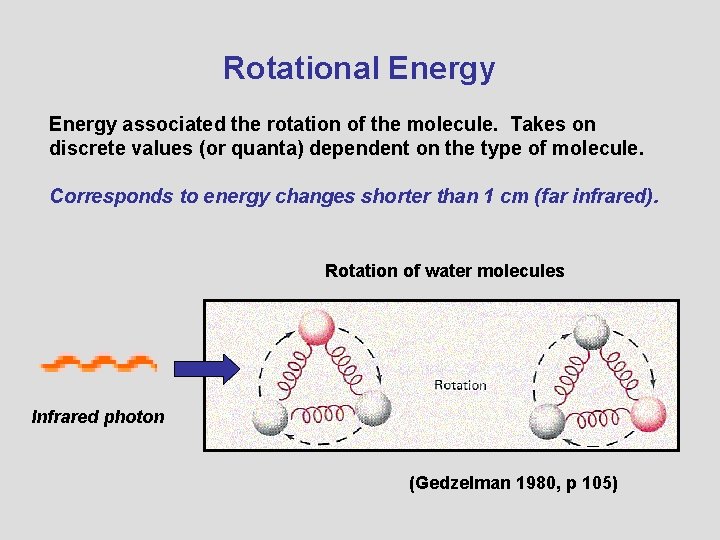 Rotational Energy associated the rotation of the molecule. Takes on discrete values (or quanta)