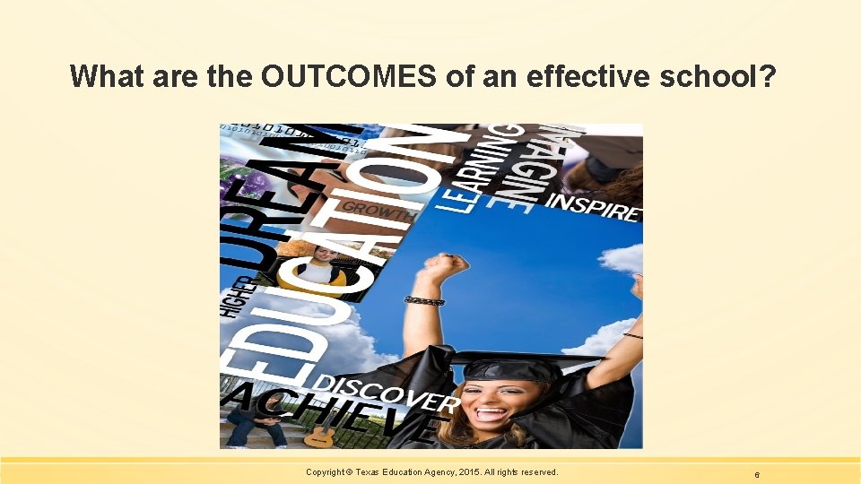 What are the OUTCOMES of an effective school? Copyright © Texas Education Agency, 2015.