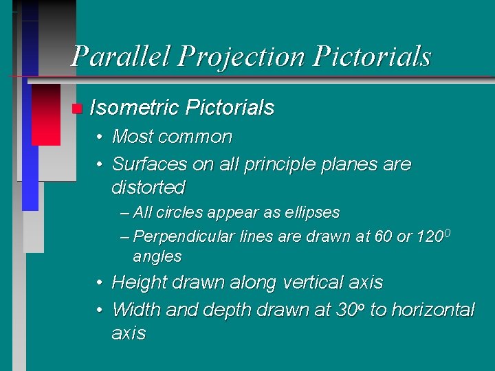 Parallel Projection Pictorials n Isometric Pictorials • Most common • Surfaces on all principle