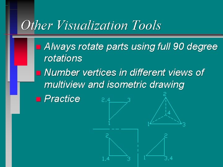 Other Visualization Tools Always rotate parts using full 90 degree rotations n Number vertices