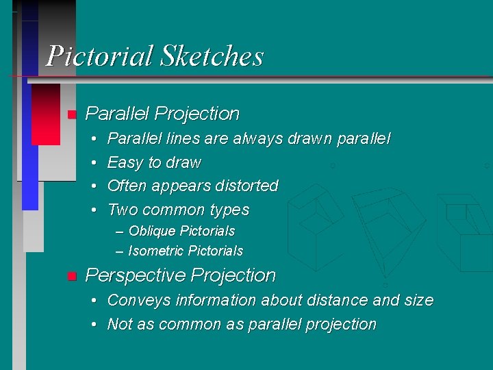 Pictorial Sketches n Parallel Projection • • Parallel lines are always drawn parallel Easy