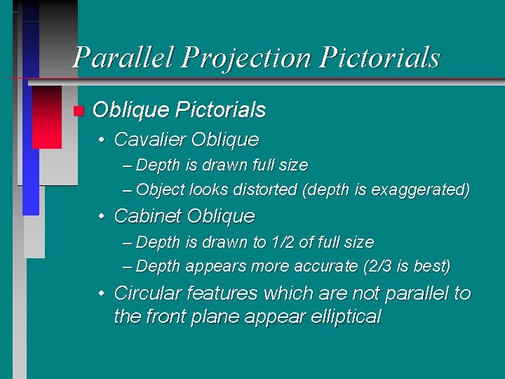 Parallel Projection Pictorials n Oblique Pictorials • Cavalier Oblique – Depth is drawn full