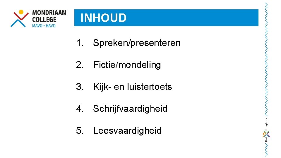 INHOUD 1. Spreken/presenteren 2. Fictie/mondeling 3. Kijk- en luistertoets 4. Schrijfvaardigheid 5. Leesvaardigheid 