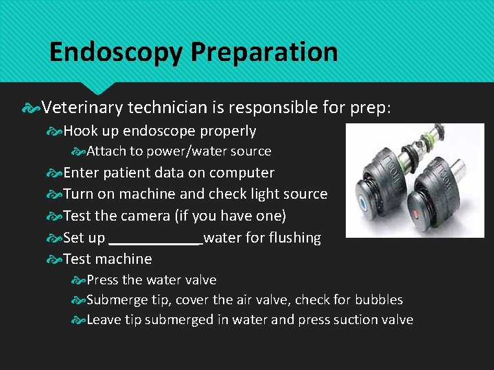 Endoscopy Preparation Veterinary technician is responsible for prep: Hook up endoscope properly Attach to