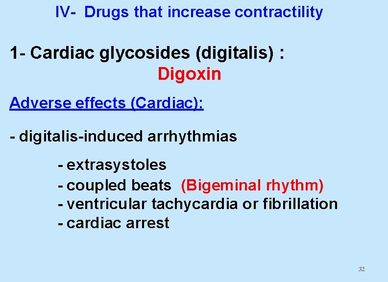 IV- Drugs that increase contractility 1 - Cardiac glycosides (digitalis) : Digoxin Adverse effects