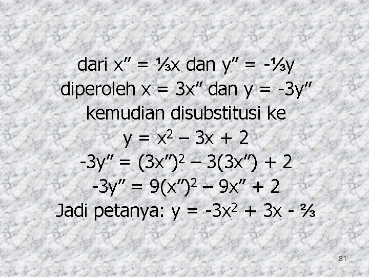 dari x” = ⅓x dan y” = -⅓y diperoleh x = 3 x” dan