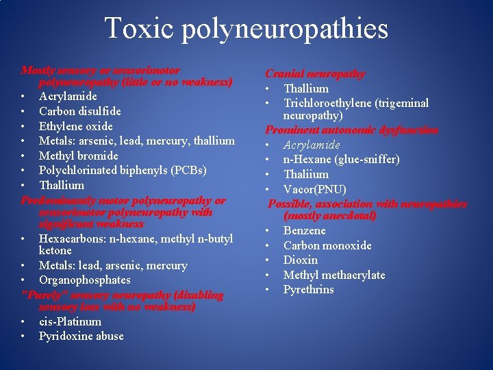 Toxic polyneuropathies Mostly sensory or sensorimotor polyneuropathy (little or no weakness) • Acrylamide •