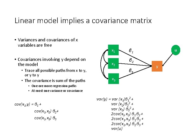 Linear model implies a covariance matrix • Variances and covariances of x variables are