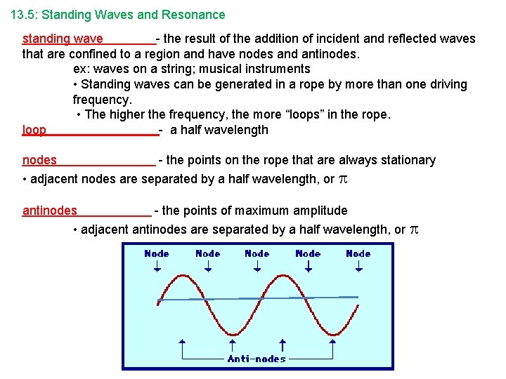 13. 5: Standing Waves and Resonance standing wave - the result of the addition 13. 5: Standing Waves and Resonance standing wave - the result of the addition