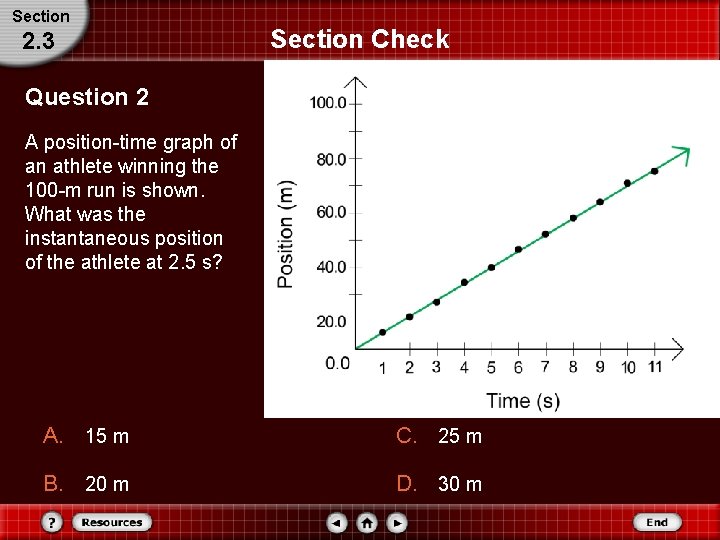 Section 2. 3 Section Check Question 2 A position-time graph of an athlete winning