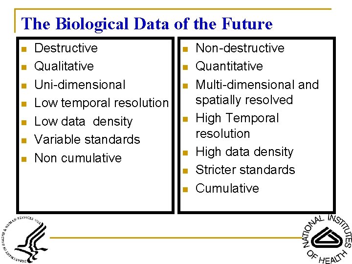 The Biological Data of the Future n n n n Destructive Qualitative Uni-dimensional Low