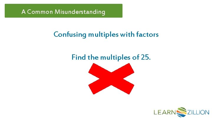 A Common Misunderstanding Confusing multiples with factors Find the multiples of 25. 1, 5,