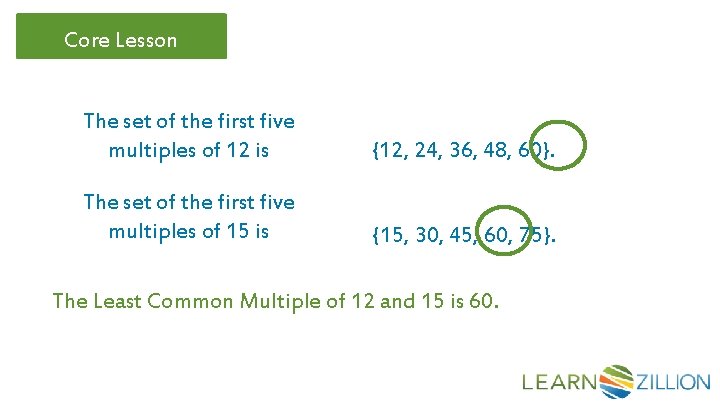 Core Lesson The set of the first five multiples of 12 is {12, 24,