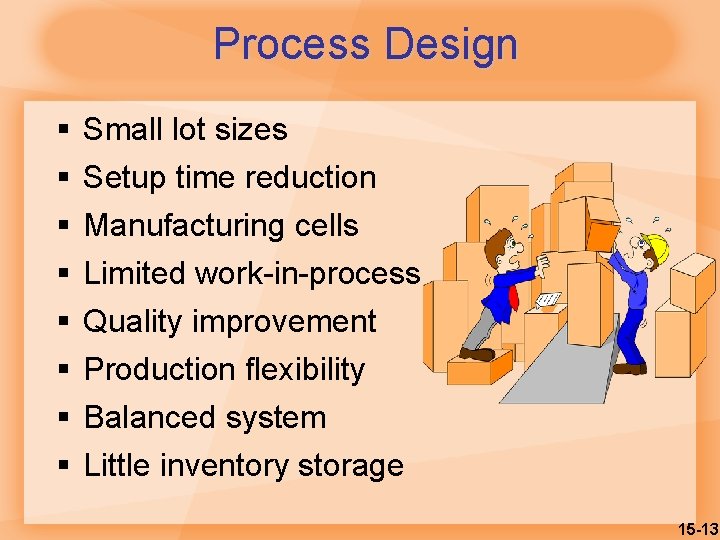 Process Design § § § § Small lot sizes Setup time reduction Manufacturing cells