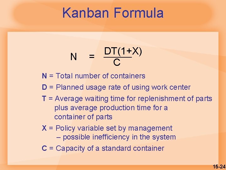 Kanban Formula N DT(1+X) = C N = Total number of containers D =