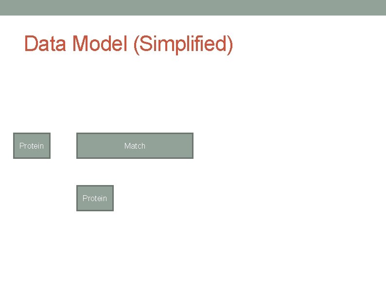 Data Model (Simplified) Protein Match Protein Data Model (Simplified) Protein Match Protein