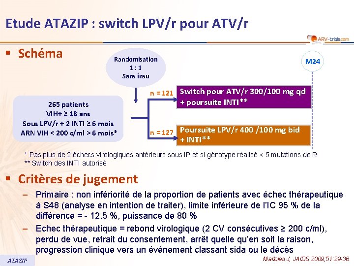 Etude ATAZIP : switch LPV/r pour ATV/r § Schéma Randomisation 1: 1 Sans insu