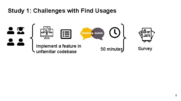 Study 1: Challenges with Find Usages Implement a feature in unfamiliar codebase 50 minutes