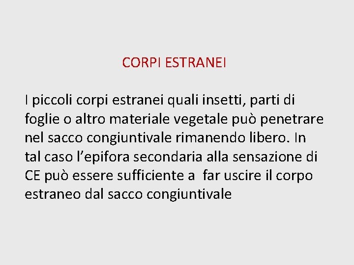 CORPI ESTRANEI I piccoli corpi estranei quali insetti, parti di foglie o altro materiale