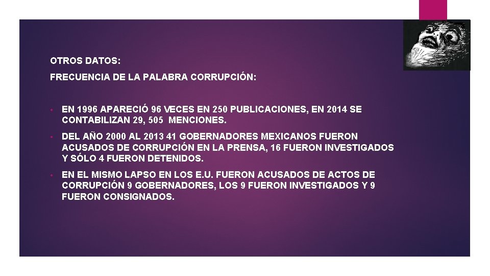 OTROS DATOS: FRECUENCIA DE LA PALABRA CORRUPCIÓN: • EN 1996 APARECIÓ 96 VECES EN OTROS DATOS: FRECUENCIA DE LA PALABRA CORRUPCIÓN: • EN 1996 APARECIÓ 96 VECES EN