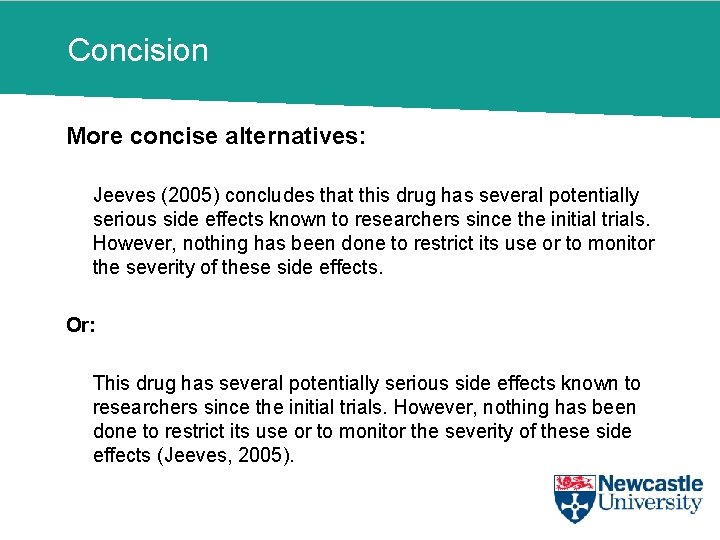 Concision More concise alternatives: Jeeves (2005) concludes that this drug has several potentially serious