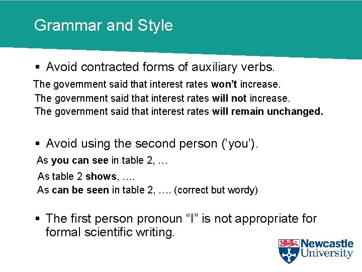 Grammar and Style § Avoid contracted forms of auxiliary verbs. The government said that