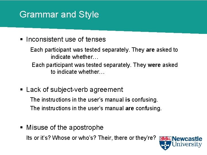 Grammar and Style § Inconsistent use of tenses Each participant was tested separately. They