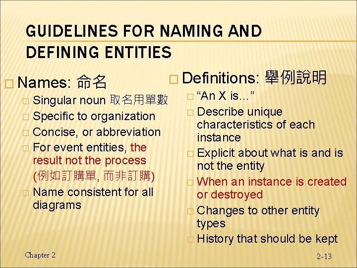 GUIDELINES FOR NAMING AND DEFINING ENTITIES � Definitions: 舉例說明 � Names: 命名 � “An