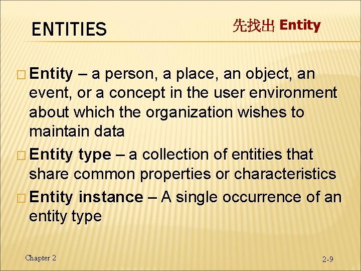 ENTITIES 先找出 Entity � Entity – a person, a place, an object, an event,