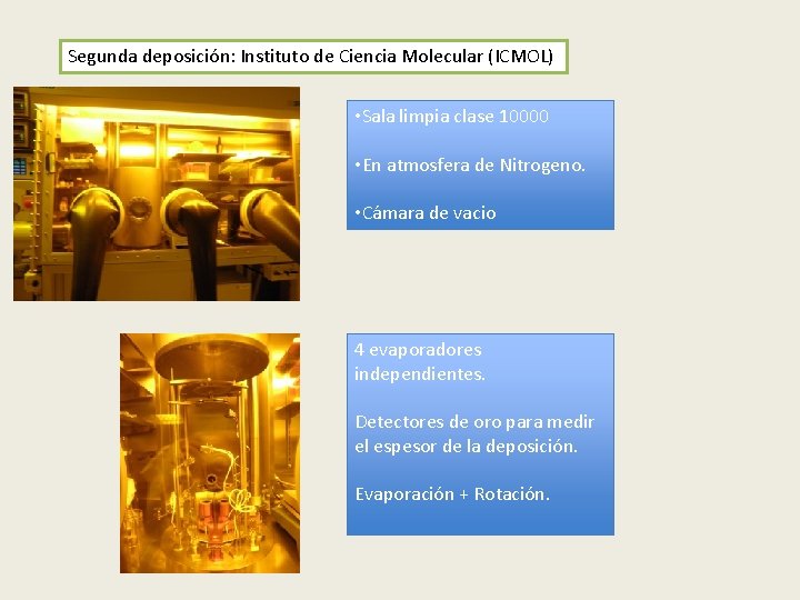 Segunda deposición: Instituto de Ciencia Molecular (ICMOL) • Sala limpia clase 10000 • En