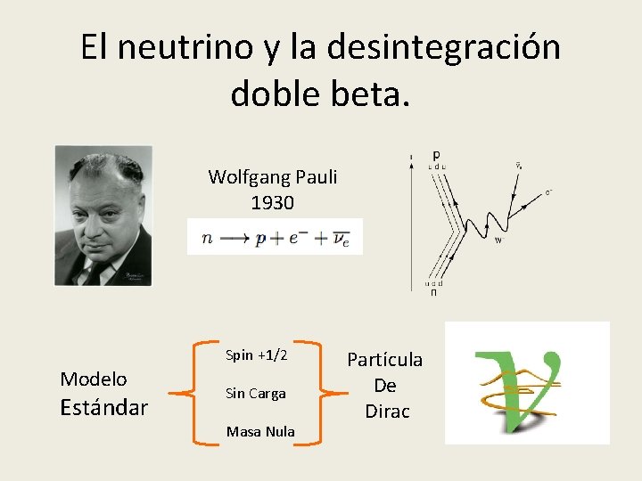 El neutrino y la desintegración doble beta. Wolfgang Pauli 1930 Spin +1/2 Modelo Estándar