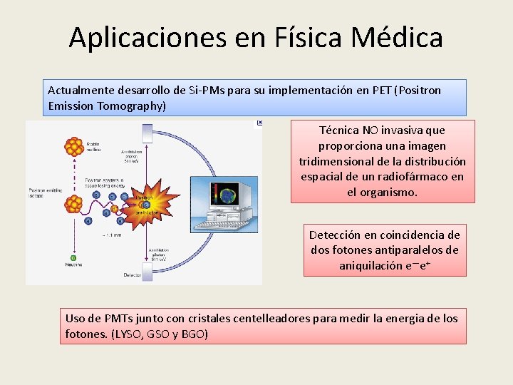 Aplicaciones en Física Médica Actualmente desarrollo de Si-PMs para su implementación en PET (Positron