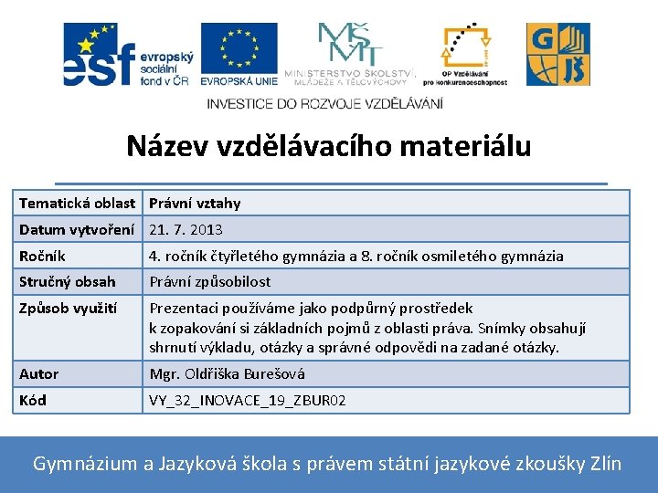 Název vzdělávacího materiálu Tematická oblast Právní vztahy Datum vytvoření 21. 7. 2013 Ročník 4.