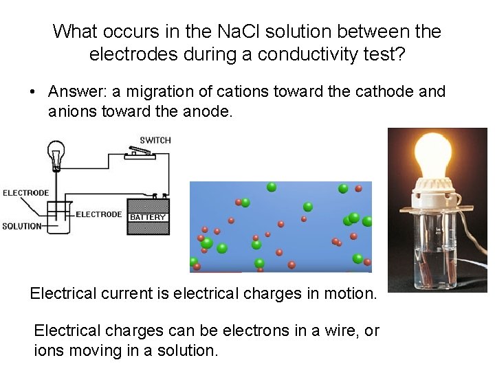 What occurs in the Na. Cl solution between the electrodes during a conductivity test?