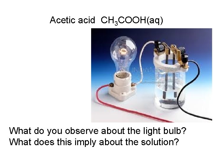 Acetic acid CH 3 COOH(aq) What do you observe about the light bulb? What