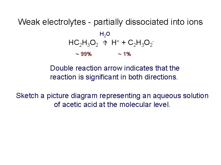 Weak electrolytes - partially dissociated into ions H 2 O HC 2 H 3