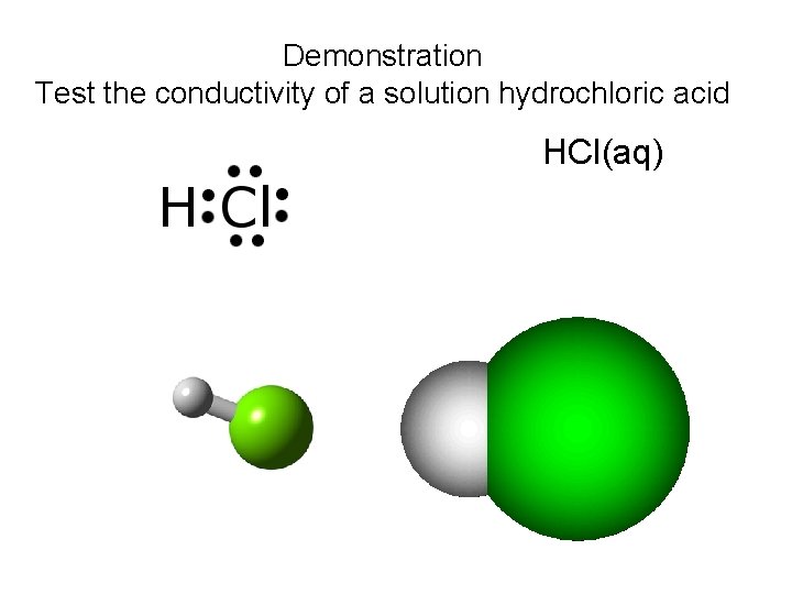 Demonstration Test the conductivity of a solution hydrochloric acid HCl(aq) 
