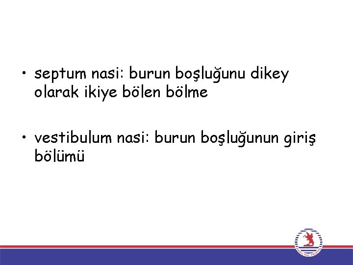  • septum nasi: burun boşluğunu dikey olarak ikiye bölen bölme • vestibulum nasi: