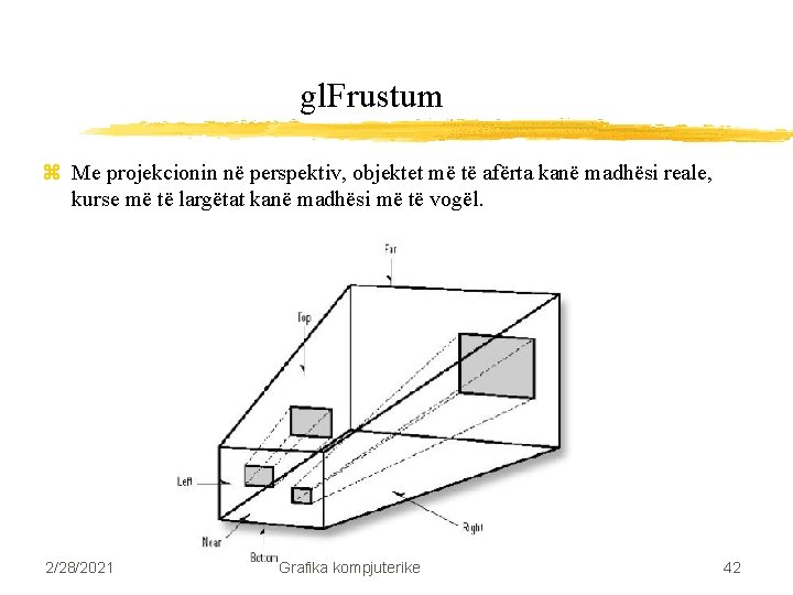 gl. Frustum z Me projekcionin në perspektiv, objektet më të afërta kanë madhësi reale, gl. Frustum z Me projekcionin në perspektiv, objektet më të afërta kanë madhësi reale,