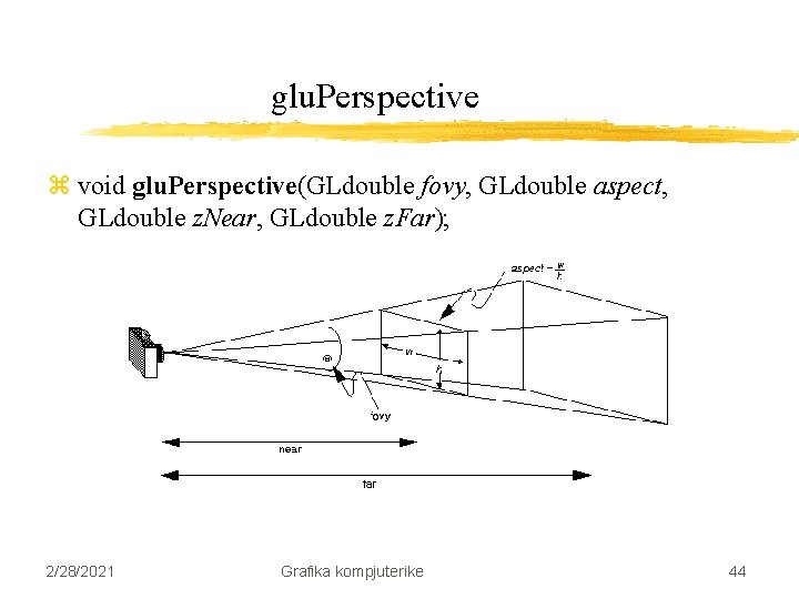 glu. Perspective z void glu. Perspective(GLdouble fovy, GLdouble aspect, GLdouble z. Near, GLdouble z. glu. Perspective z void glu. Perspective(GLdouble fovy, GLdouble aspect, GLdouble z. Near, GLdouble z.