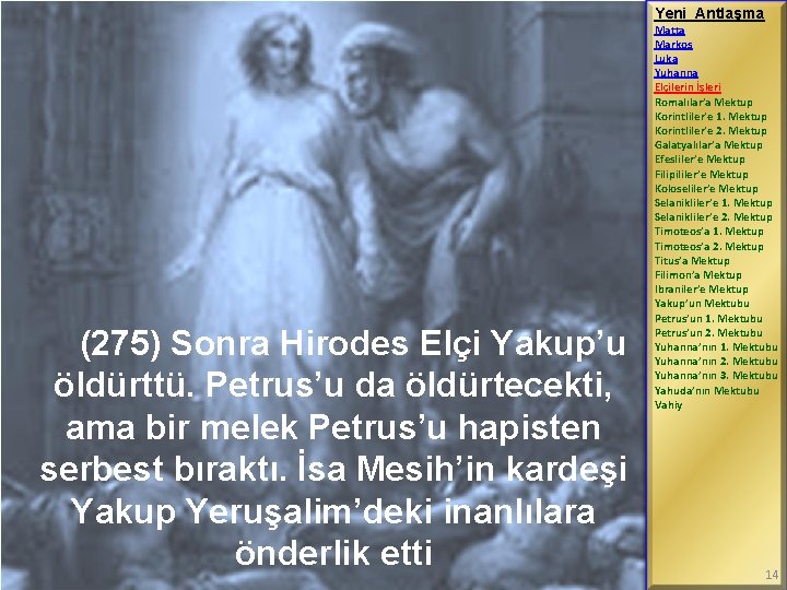 Yeni Antlaşma (275) Sonra Hirodes Elçi Yakup’u öldürttü. Petrus’u da öldürtecekti, ama bir melek