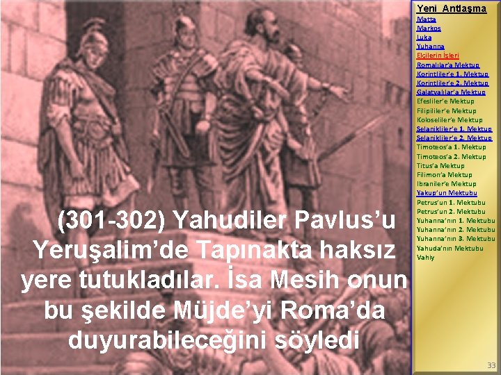 Yeni Antlaşma (301 -302) Yahudiler Pavlus’u Yeruşalim’de Tapınakta haksız yere tutukladılar. İsa Mesih onun