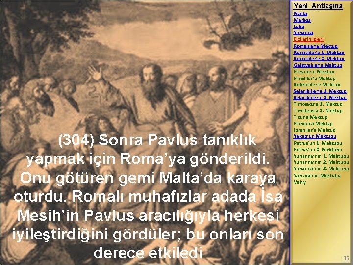 Yeni Antlaşma (304) Sonra Pavlus tanıklık yapmak için Roma’ya gönderildi. Onu götüren gemi Malta’da