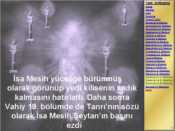 Yeni Antlaşma İsa Mesih yüceliğe bürünmüş olarak görünüp yedi kilisenin sadık kalmasını hatırlattı. Daha