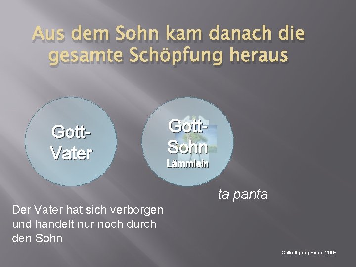 Aus dem Sohn kam danach die gesamte Schöpfung heraus Gott. Vater Gott. Sohn Lämmlein
