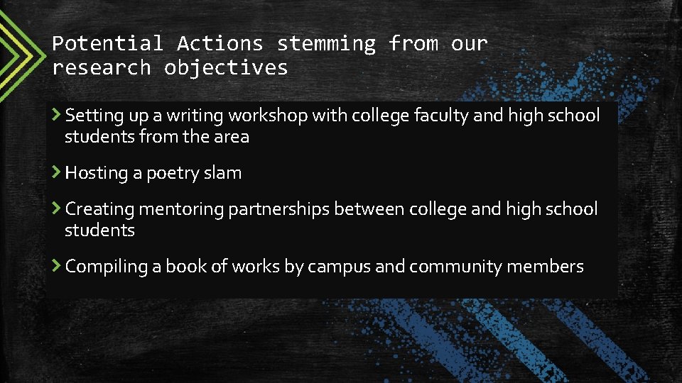 Potential Actions stemming from our research objectives Setting up a writing workshop with college